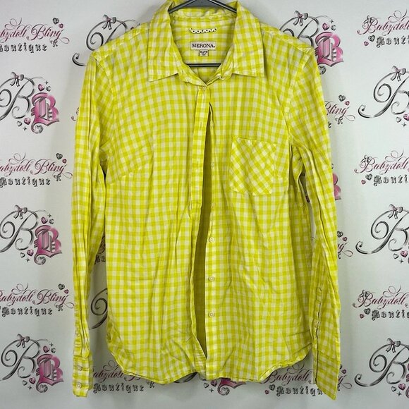 Merona button down gingham picnic stripes shirt top Yellow Plaid Casual Shirt - Picture 1 of 6